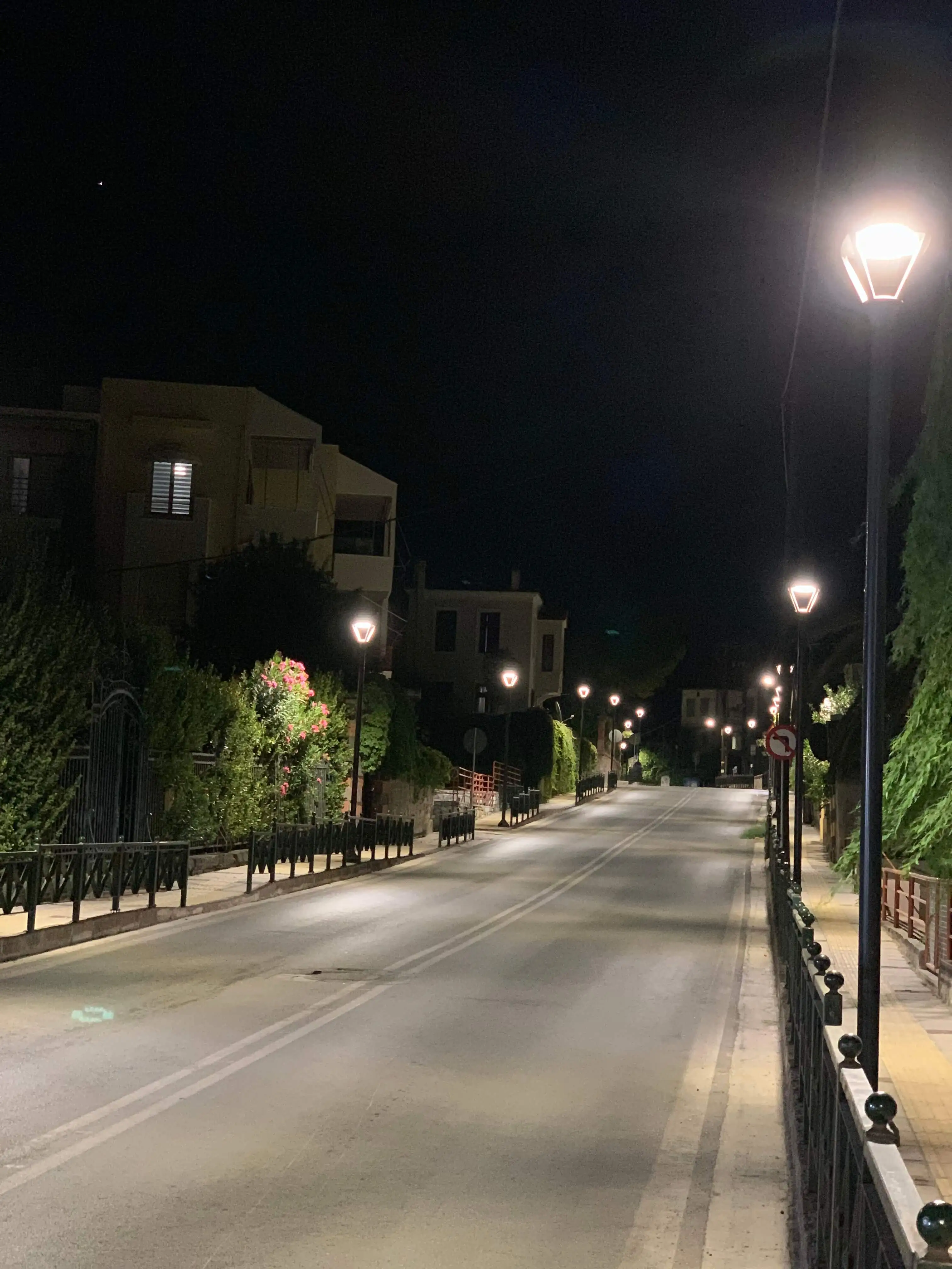 Απεικόνιση τμήματος του δρόμου της Σουράδας τη νύχτα, όπου φαίνεται να λειτουργούν τα φωτιστικά του δρόμου (LED).